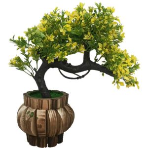 KAYKON Artificial Green Bonsai Plant with Wooden Pot – 10 Inch/25 cm