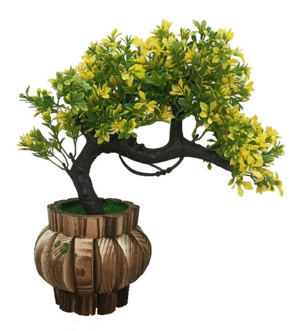 KAYKON Artificial Green Bonsai Plant with Wooden Pot – 10 Inch/25 cm