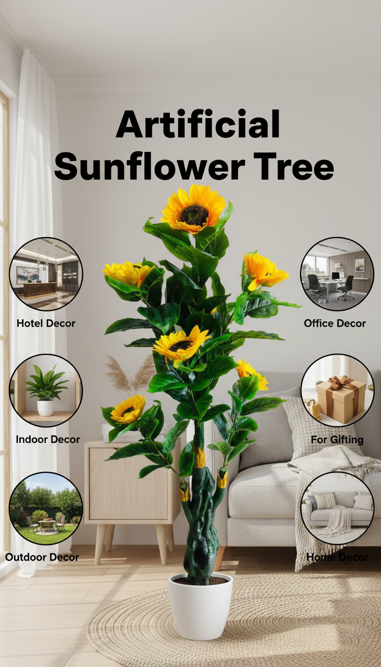 Kaykon Big Artificial Sunflower Plant Tree UV Protected Leaves for Home Office Hotel Decor Without Pot - 4.5 Feet/54 Inch - Image 3