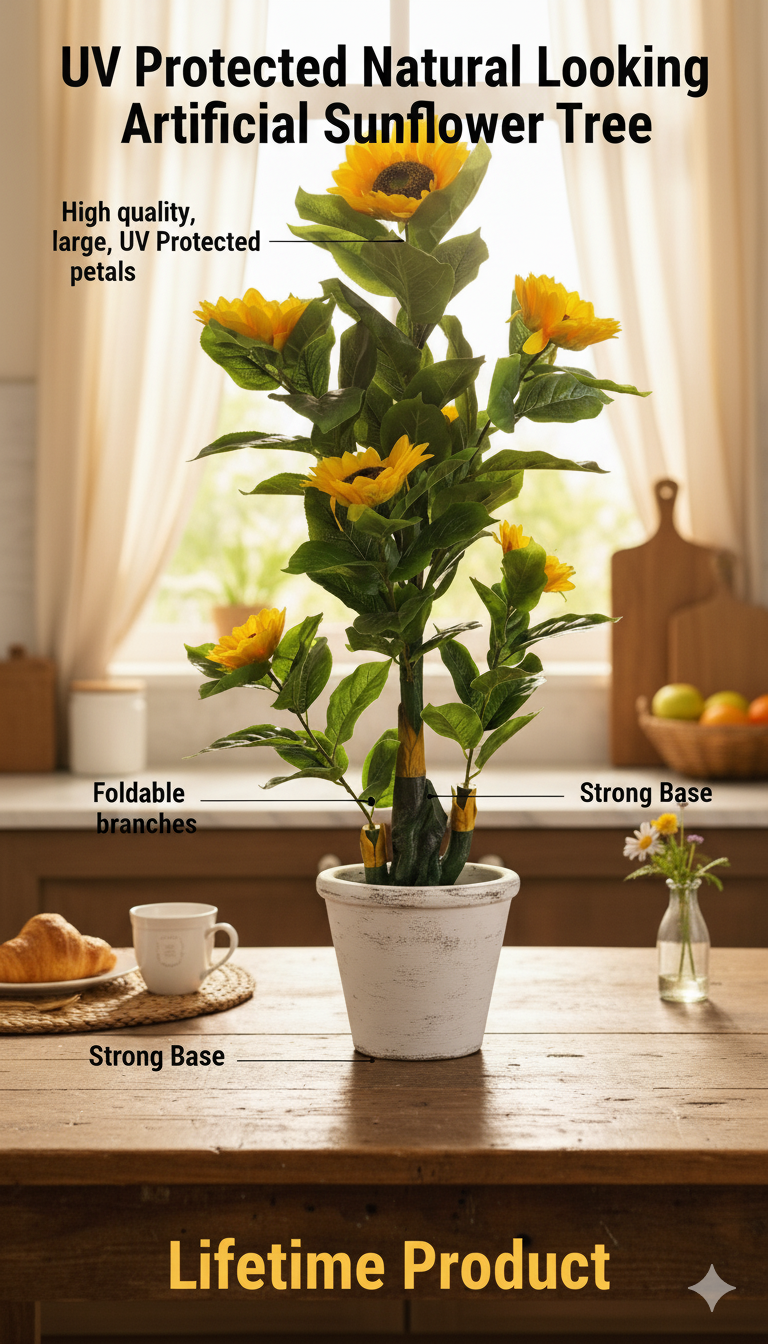 Kaykon Big Artificial Sunflower Plant Tree UV Protected Leaves for Home Office Hotel Decor Without Pot - 4.5 Feet/54 Inch - Image 2