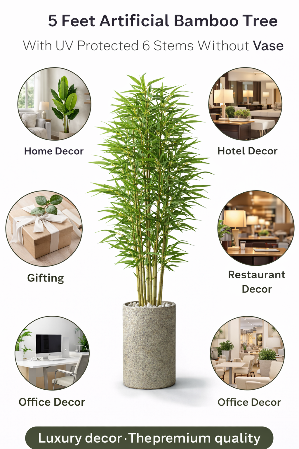 KAYKON 5ft Artificial Bamboo Plant with 6 Natural Wood Stems, Large Artificial Tree Artificial Plants Without Vase for Home Decor Office Decor Hotel Decor - Image 2